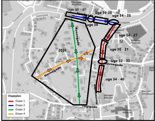 Etapeplan for Rosengade, Mariager, juni 2025